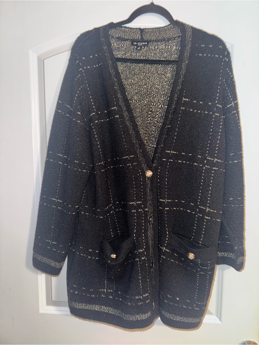 I.N. Studio Black Windowpane Cardigan with Cream Stitching